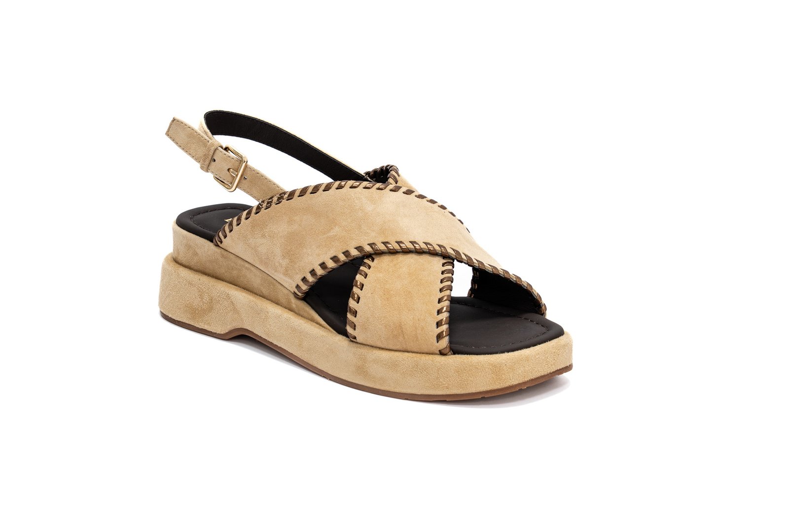 Bruno Premi - Sandalo con zeppa in camoscio beige con impunture in bronzo