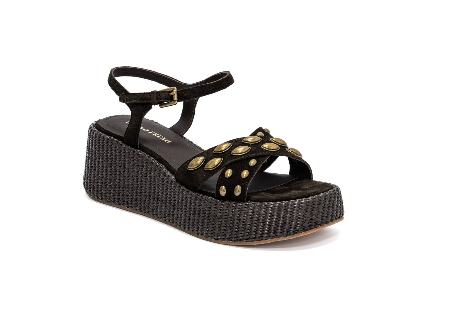 Bruno Premi - Sandalo con zeppa 5cm in camoscio cioccolato con borchie ottone