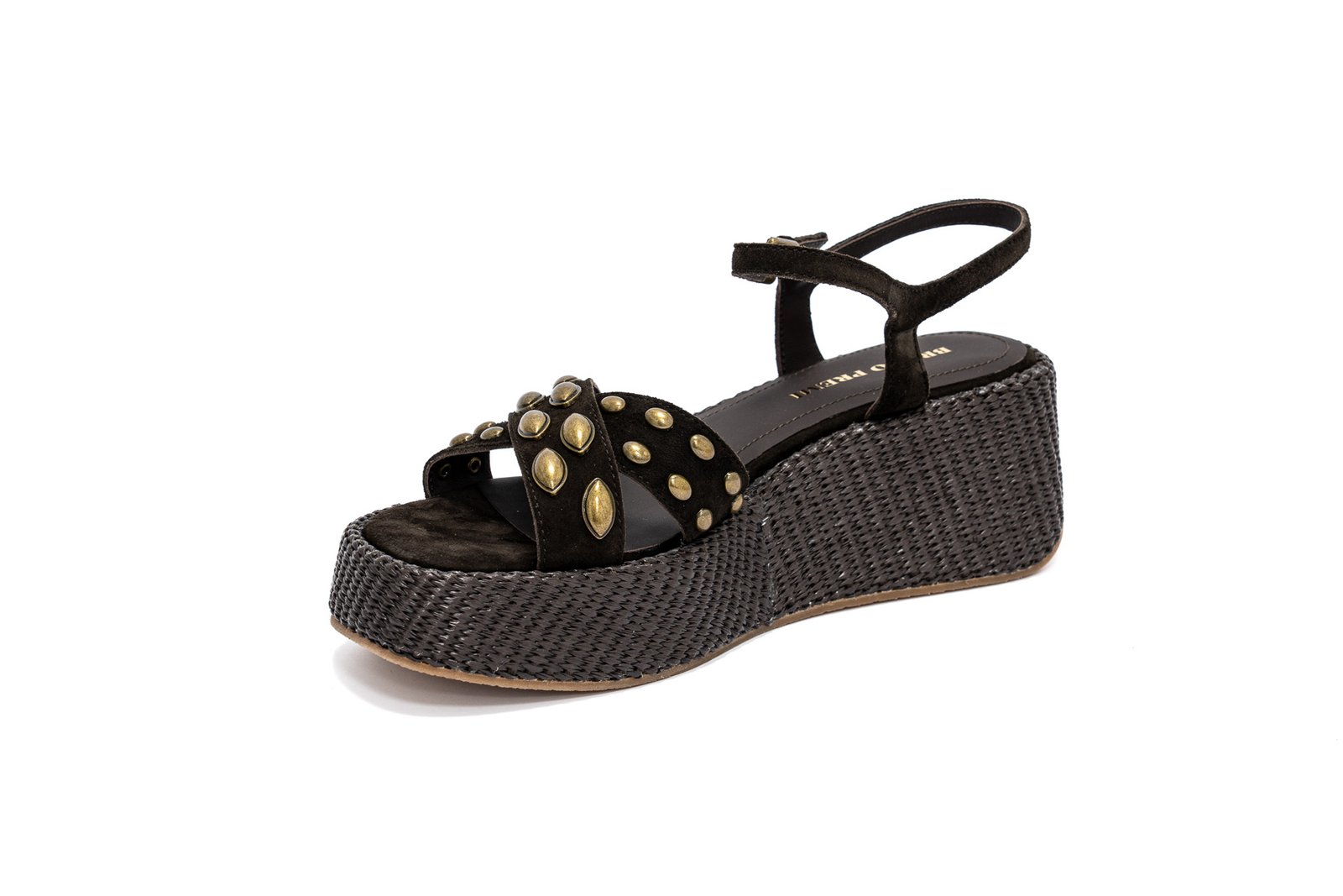 Bruno Premi - Sandalo con zeppa 5cm in camoscio cioccolato con borchie ottone - immagine 2