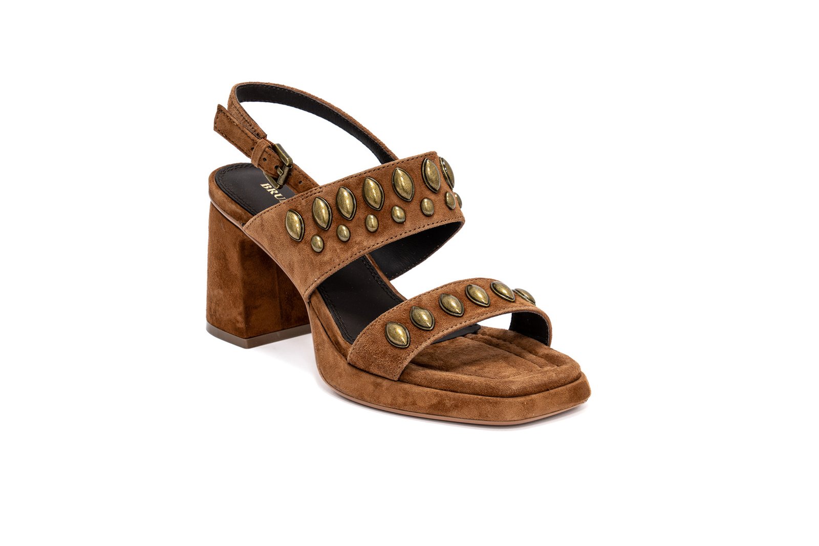 Bruno Premi - Sandalo con tacco 7cm in camoscio cuoio con borchie ottone