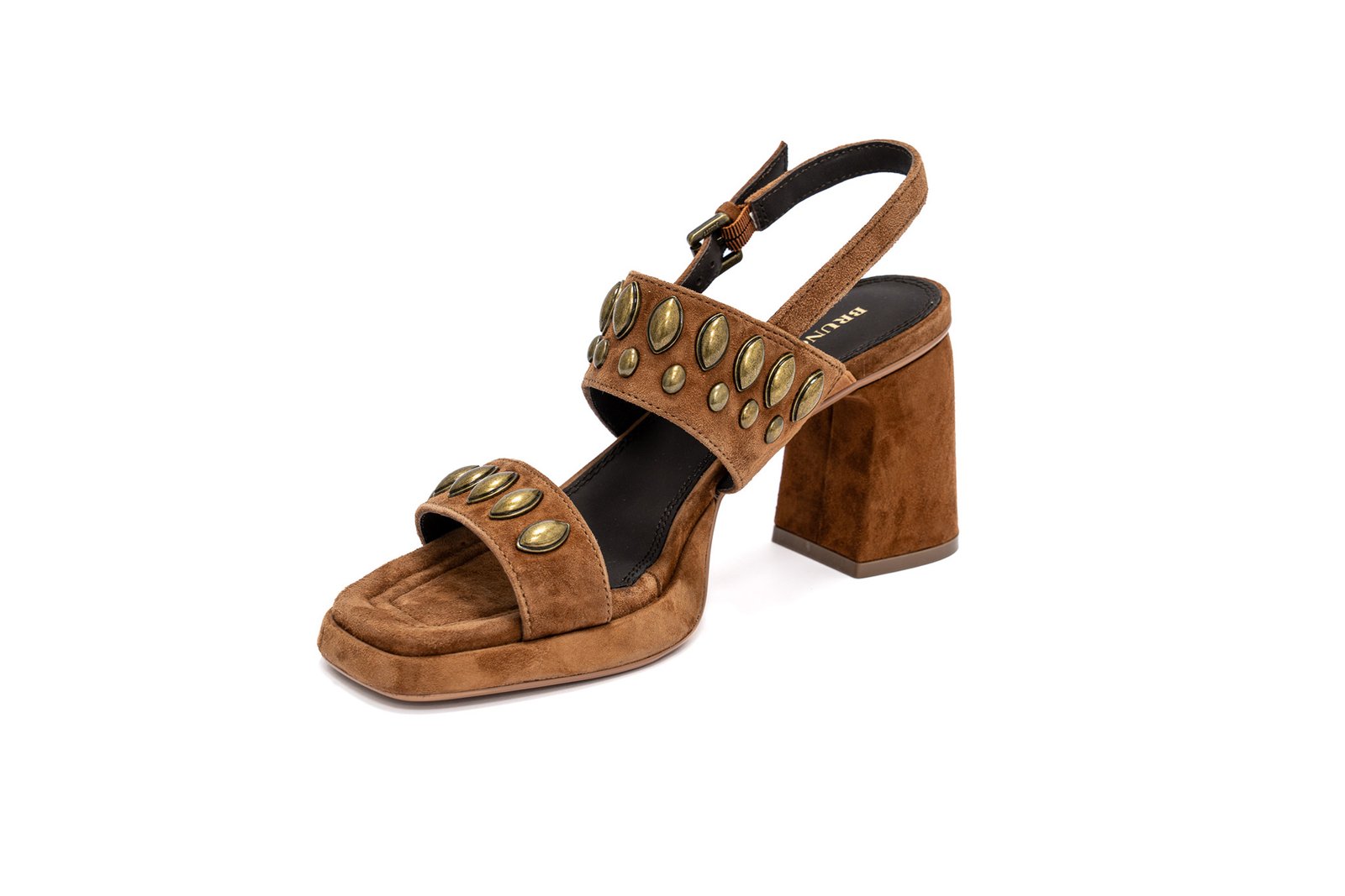 Bruno Premi - Sandalo con tacco 7cm in camoscio cuoio con borchie ottone - immagine 2